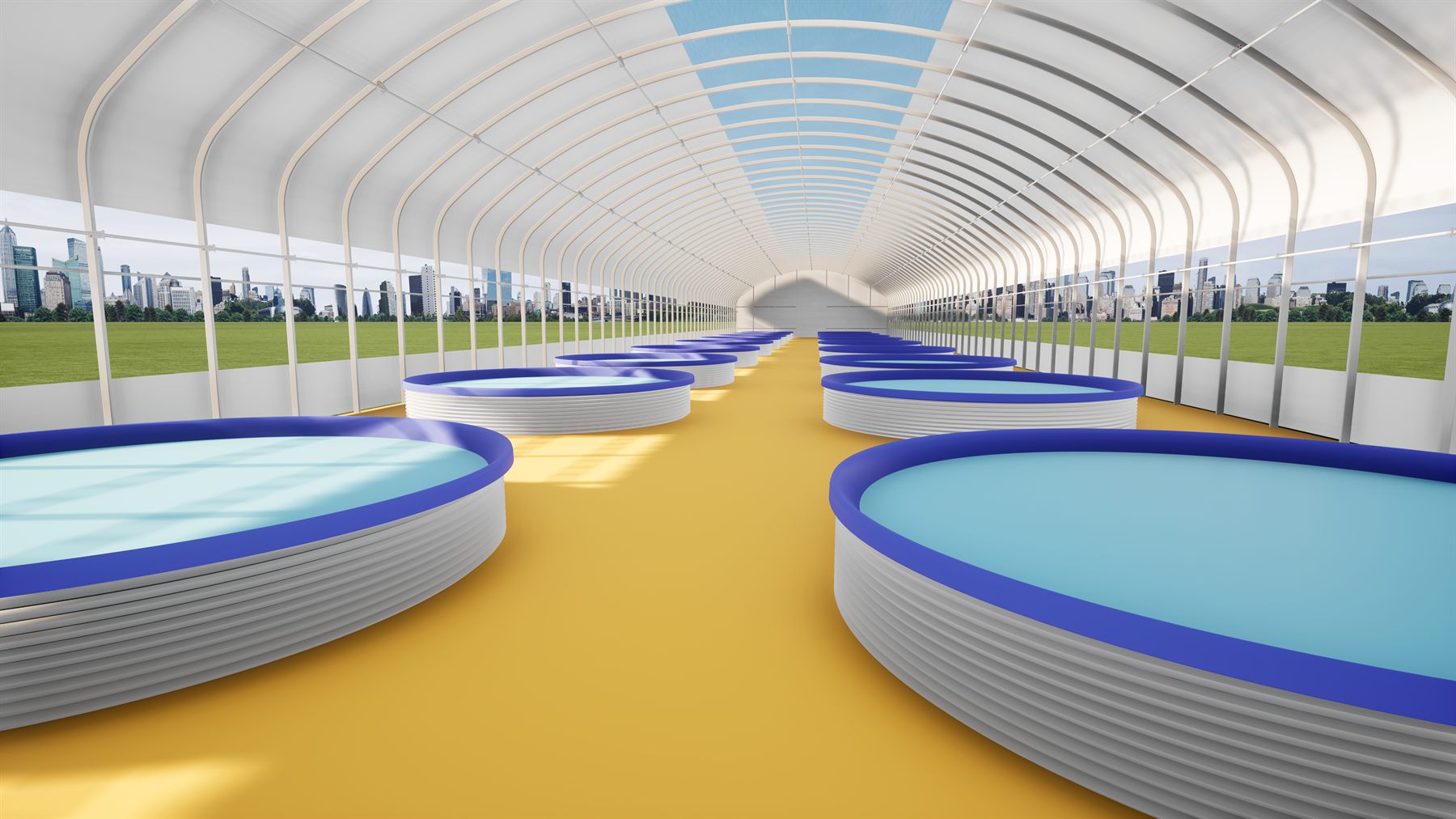 Single-span greenhouse aquaculture render